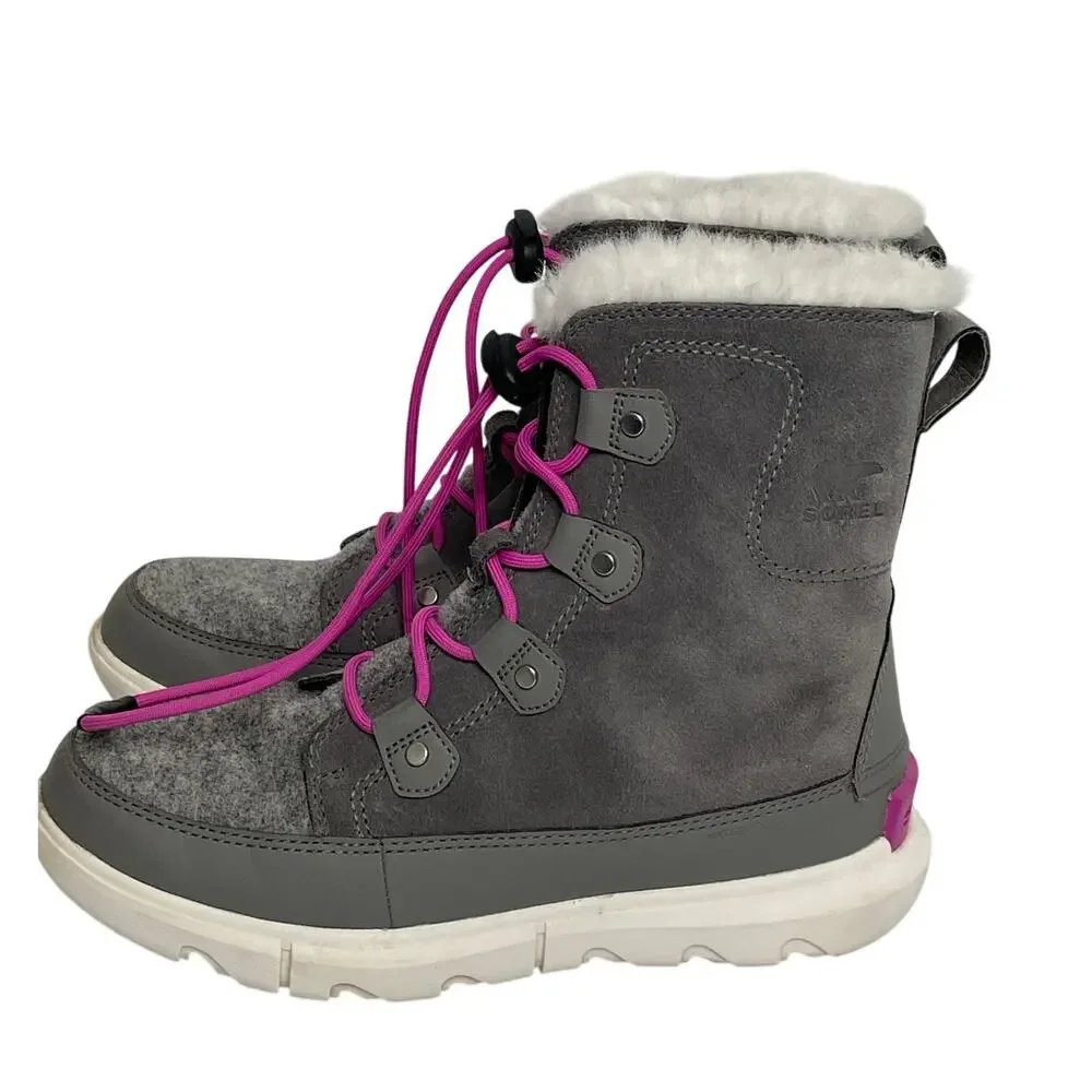 SOREL Gray Suede & Felt Waterproof Winter Boots Faux Fur Lined Size 6